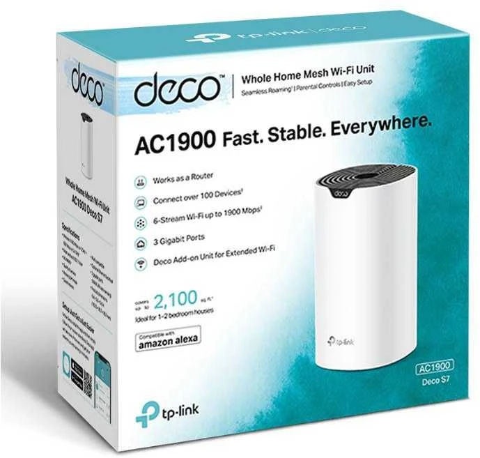 Maršrutizatorius TP-LINK | AC1900 viso namo tinklinio „Wi-Fi“ sistema | „Deco S7“ (3 vnt. pakuotė) | 802.11ac | 10/100/1000 Mbit/s | Ethernet LAN (RJ-45) jungtys 1 | Tinklo palaikymas: Taip | MU-MiMO: Taip | Ne, mobilusis plačiajuostis ryšys | Antenos tipas: Vidinė