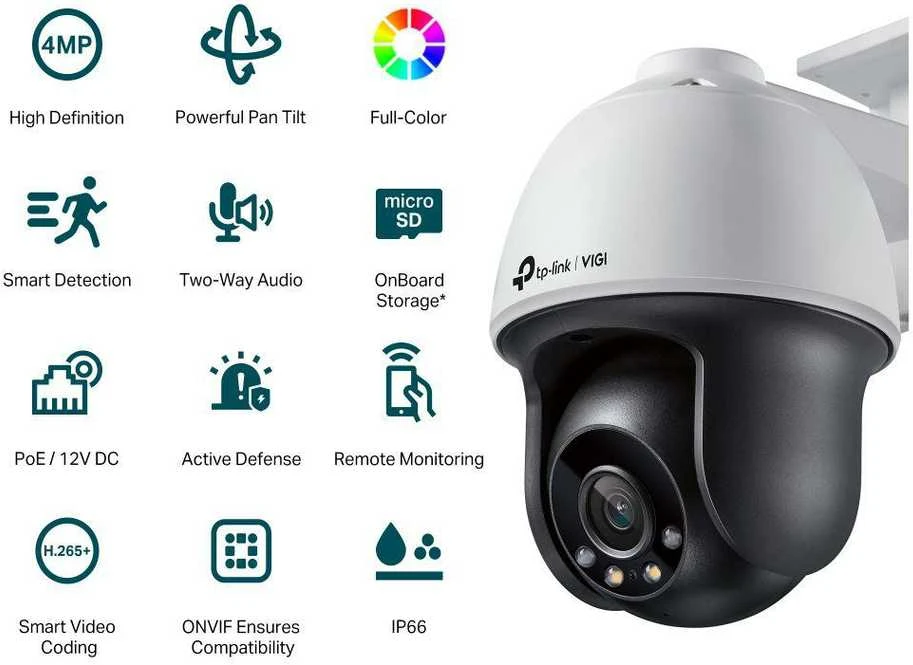 TP-LINK | VIGI 4MP lauko visų spalvų Pan Tilt tinklo kamera | VIGI C540 | Kupolas | 4 MP | 4 mm | IP66 | H.265+/H.265/H.264+/H.264 | MicroSD