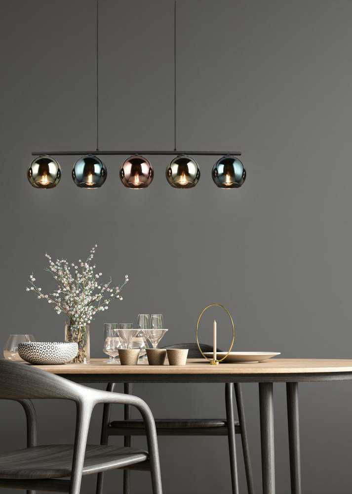 REALITY Trio Realybės sietynas SHELDON, be 5xE14, reguliuojamo aukščio, ↔ 83cm / ↗ 13cm / ↕ 150cm / 5x∅13cm, metalas/stiklas, dūminis stiklas, žalia/vario/pilka