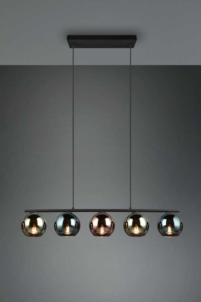 REALITY Trio Realybės sietynas SHELDON, be 5xE14, reguliuojamo aukščio, ↔ 83cm / ↗ 13cm / ↕ 150cm / 5x∅13cm, metalas/stiklas, dūminis stiklas, žalia/vario/pilka