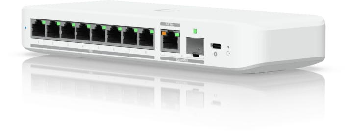 Šakotuvas UBIQUITI FLEX 2.5G LANKSTUSIS, 8 PRIESTŲ 2.5 GBE JUNGIKLIS SU 10 GBE RJ45/SFP+ KOMBINUOTU UPLINK PRIEDAS, GALIMA MAITINTI SU USB-C ARBA POE+ ADAPTERIU