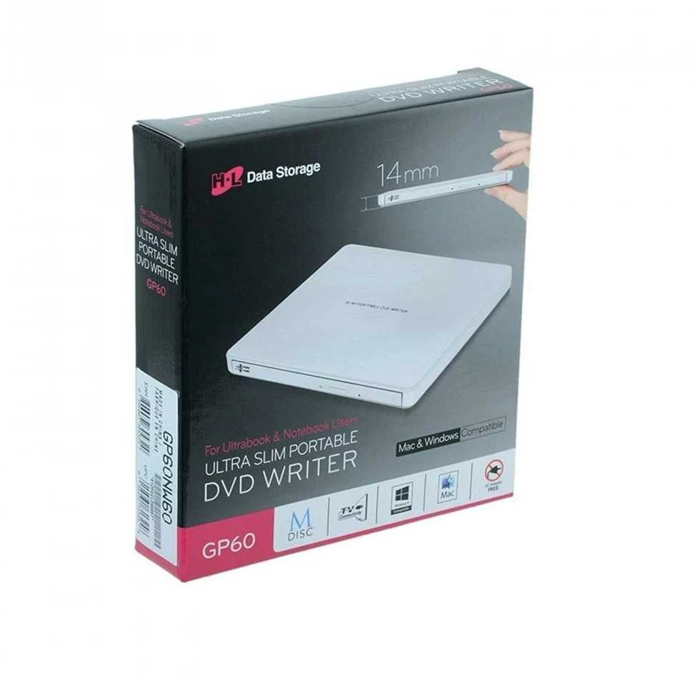 LG H.L duomenų saugykla | Itin plonas nešiojamasis DVD rašiklis | GP60NW60 | Sąsaja USB 2.0 | DVD±R/RW | CD skaitymo greitis 24 x | CD įrašymo greitis 24 x | Baltas | Stalinis kompiuteris / Nešiojamasis kompiuteris