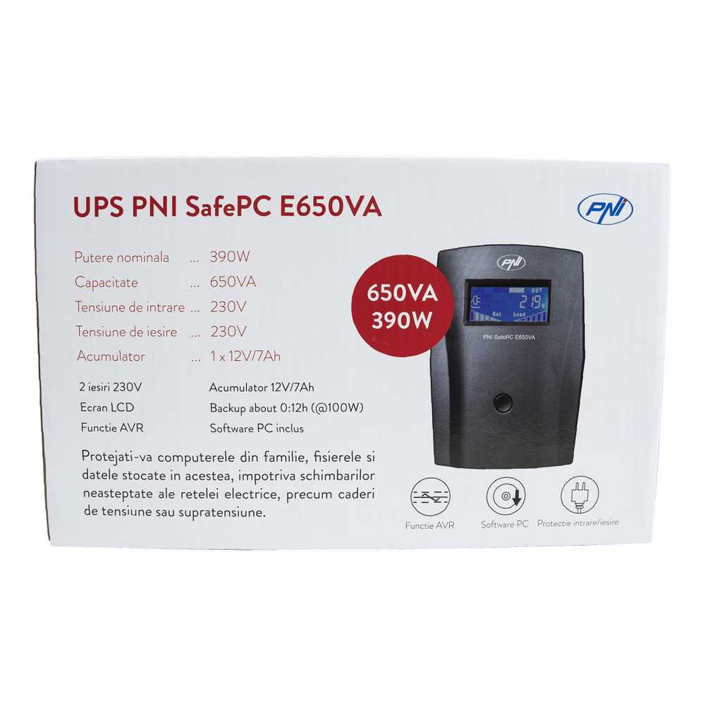 PNI PNPC SafePC E650VA UPS, galia 390W, 1.8A, 2 x 230V išvestis, LCD ekranas