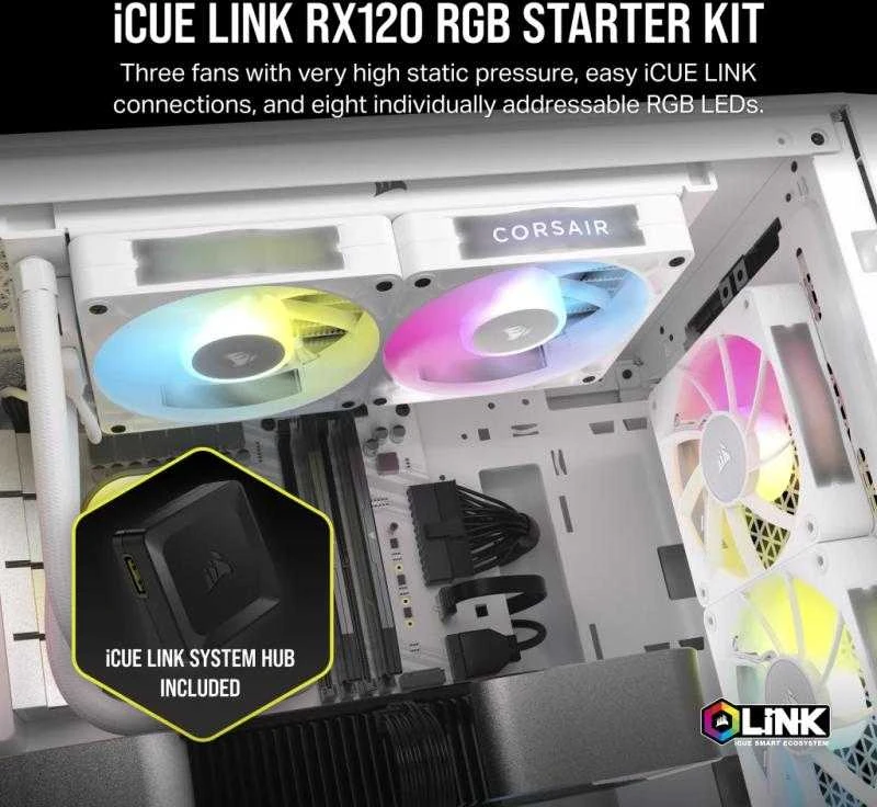 „Corsair iCUE LINK RX120 RGB“ serijos PWM ventiliatoriai, 3 vnt. pakuotėje – 120 mm, baltas
