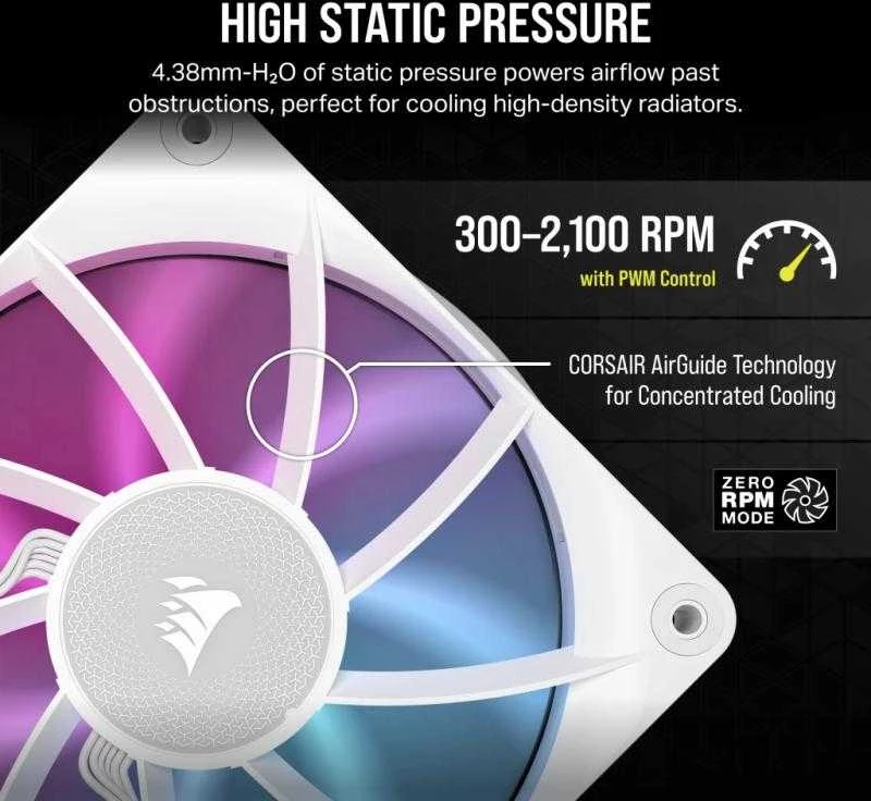 „Corsair iCUE LINK RX120 RGB“ serijos PWM ventiliatoriai, 3 vnt. pakuotėje – 120 mm, baltas