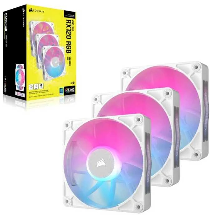 „Corsair iCUE LINK RX120 RGB“ serijos PWM ventiliatoriai, 3 vnt. pakuotėje – 120 mm, baltas