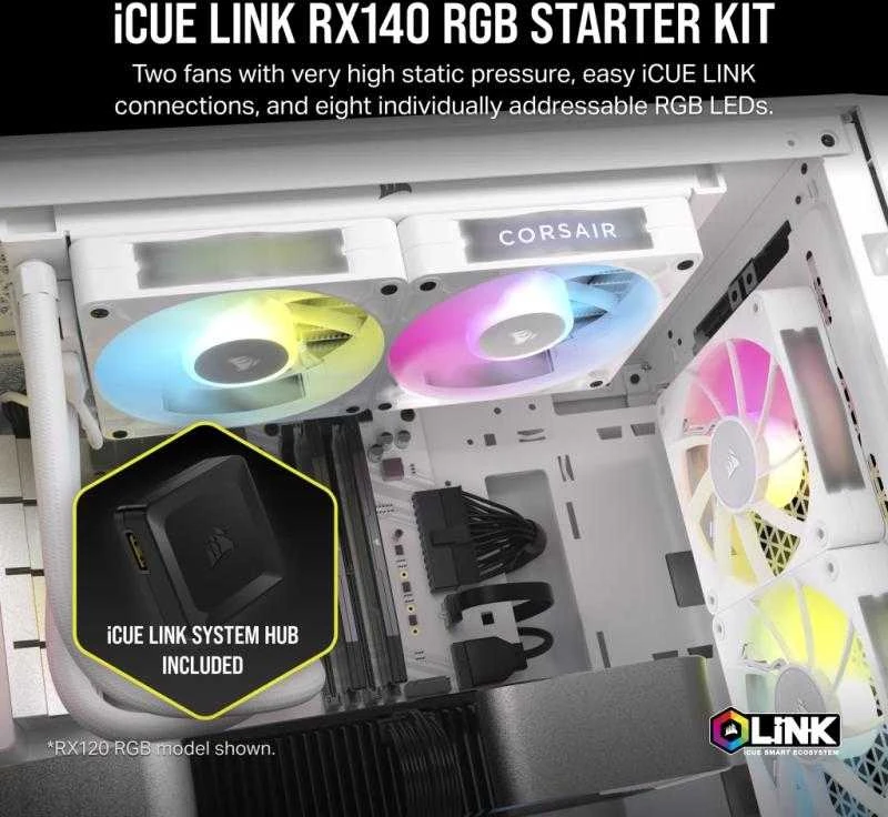 Corsair iCUE LINK RX140 RGB Series, PWM korpuso ventiliatorius 2er Pack – 140mm, baltos spalvos