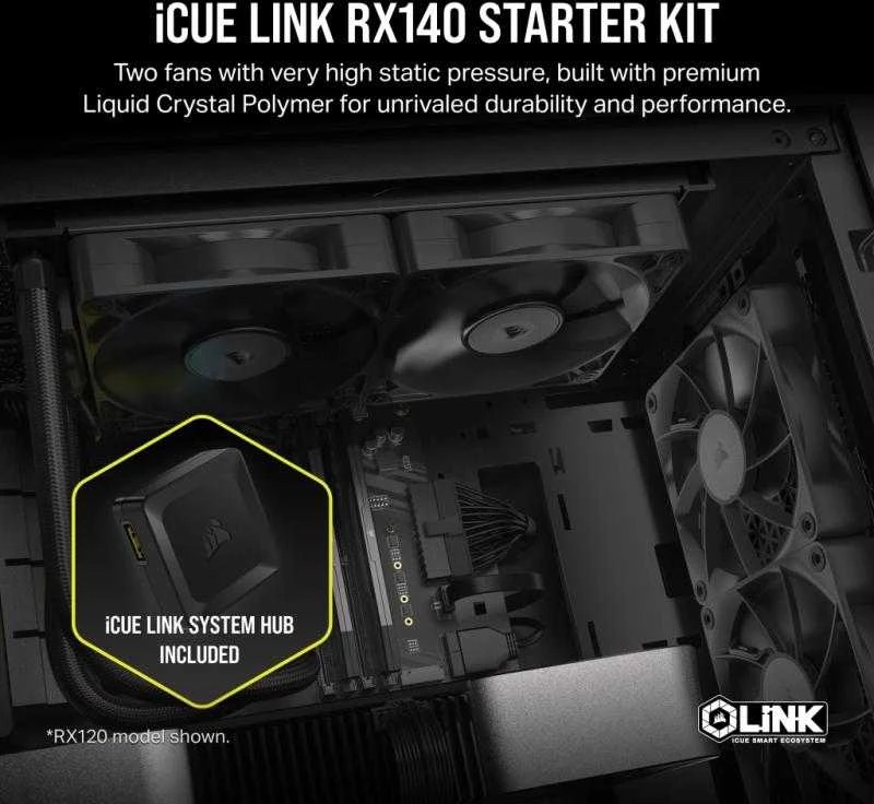 Corsair iCUE LINK RX140 Series, PWM korpuso ventiliatorius 2er Pack – 140mm, juodos spalvos