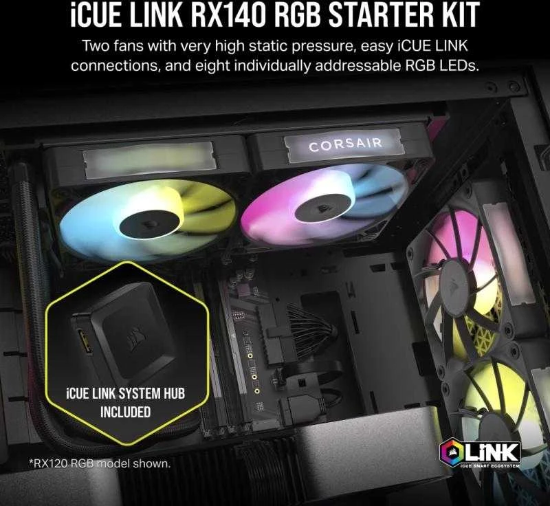 Corsair iCUE LINK RX140 RGB Series, PWM korpuso ventiliatorius 2er Pack – 140mm, juodos spalvos