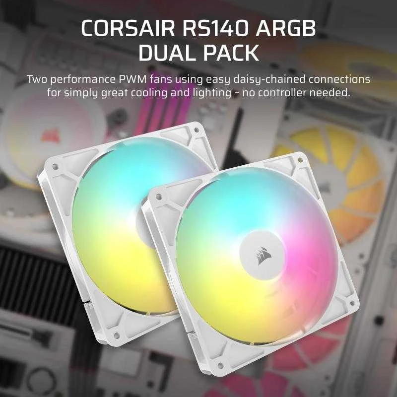 „Corsair RS ARGB PWM“ ventiliatoriai – 2 vnt. pakuotėje, 140 mm, baltas