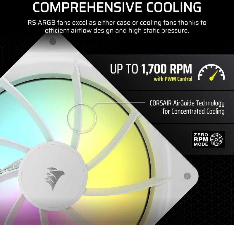 „Corsair RS ARGB PWM“ ventiliatoriai – 2 vnt. pakuotėje, 140 mm, baltas