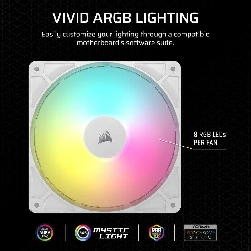 „Corsair RS ARGB PWM“ ventiliatoriai – 2 vnt. pakuotėje, 140 mm, baltas