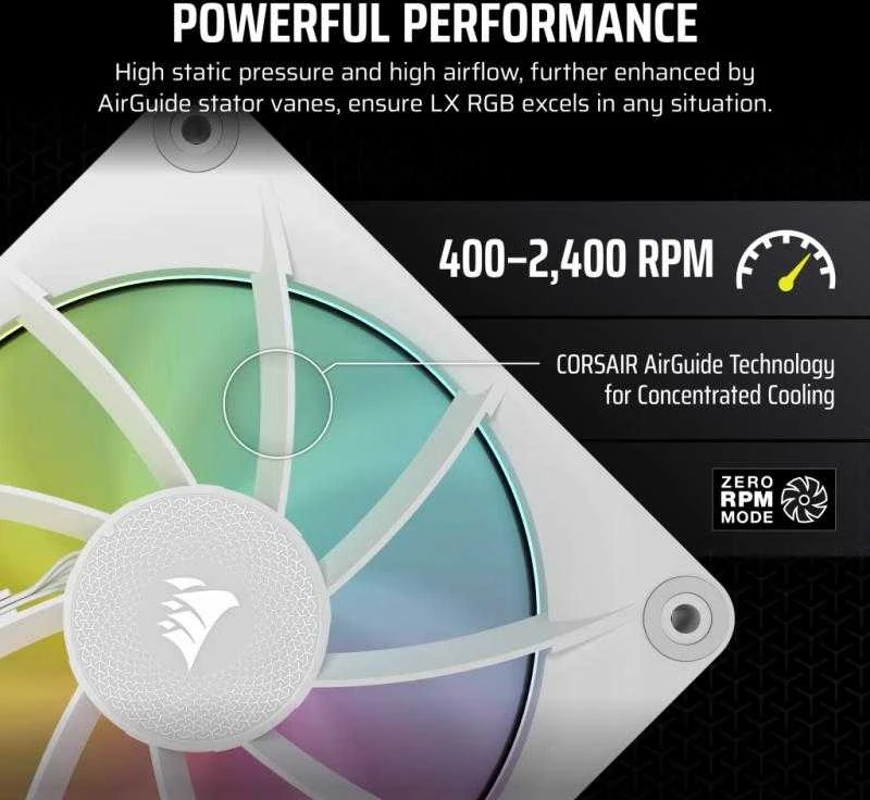 „Corsair iCUE Link LX120 RGB“, PWM ventiliatorius, Ø 120 mm, baltas