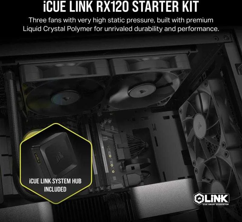 Corsair iCUE LINK RX120 Series, PWM korpuso ventiliatorius 3er Pack - 120 mm, juodos spalvos