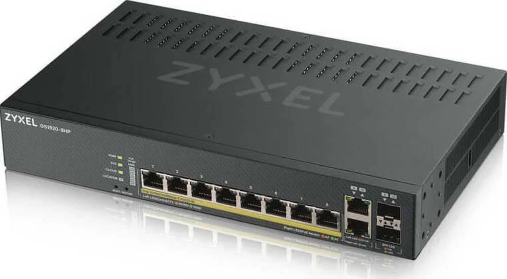 Šakotuvas ZYXEL GS1920-8HPV2, 10 prievadų išmanusis valdomas komutatorius, 8 gigabitų varinis ir 2 gigabitų dviejų asmenų, hibridinis režimas, autonominis arba „Nebulaflex“ debesis, 130 vatų POE, be ventiliatoriaus (5 metų garantija)