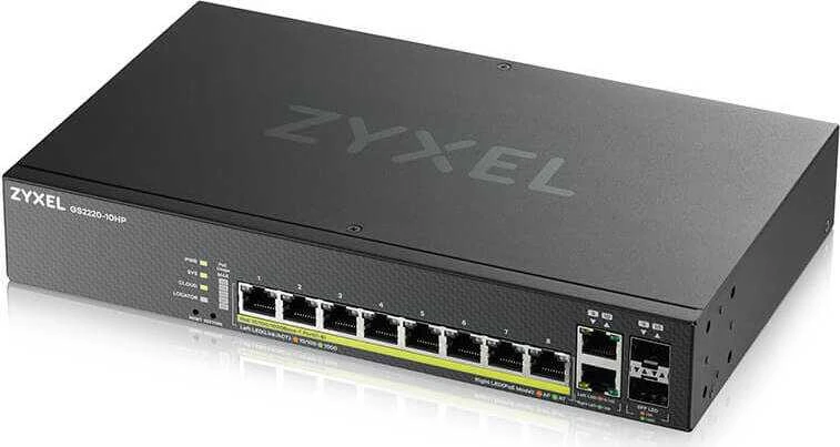 Šakotuvas ZYXEL GS2220-10HP, ES REGIONAS, 8 PRIEVADŲ GBE L2 POE KOMUTATORIUS SU GBE UPLINK (1 METŲ NCC PRO PACK LICENCIJA) (5 METŲ GARANTIJA)