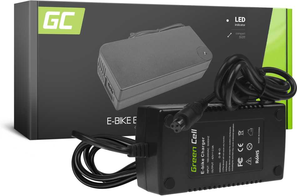 Green Cell Žalias Cell Žalias Cell Įkroviklis elektriniam dviračiui E-Bike 3-Pin 42V 2A