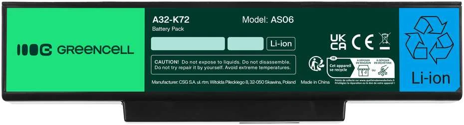 Green Cell GREENCELL AS06 Baterija Žalias Cell A32-K72, skirta Asus K72 K73 N71 N73