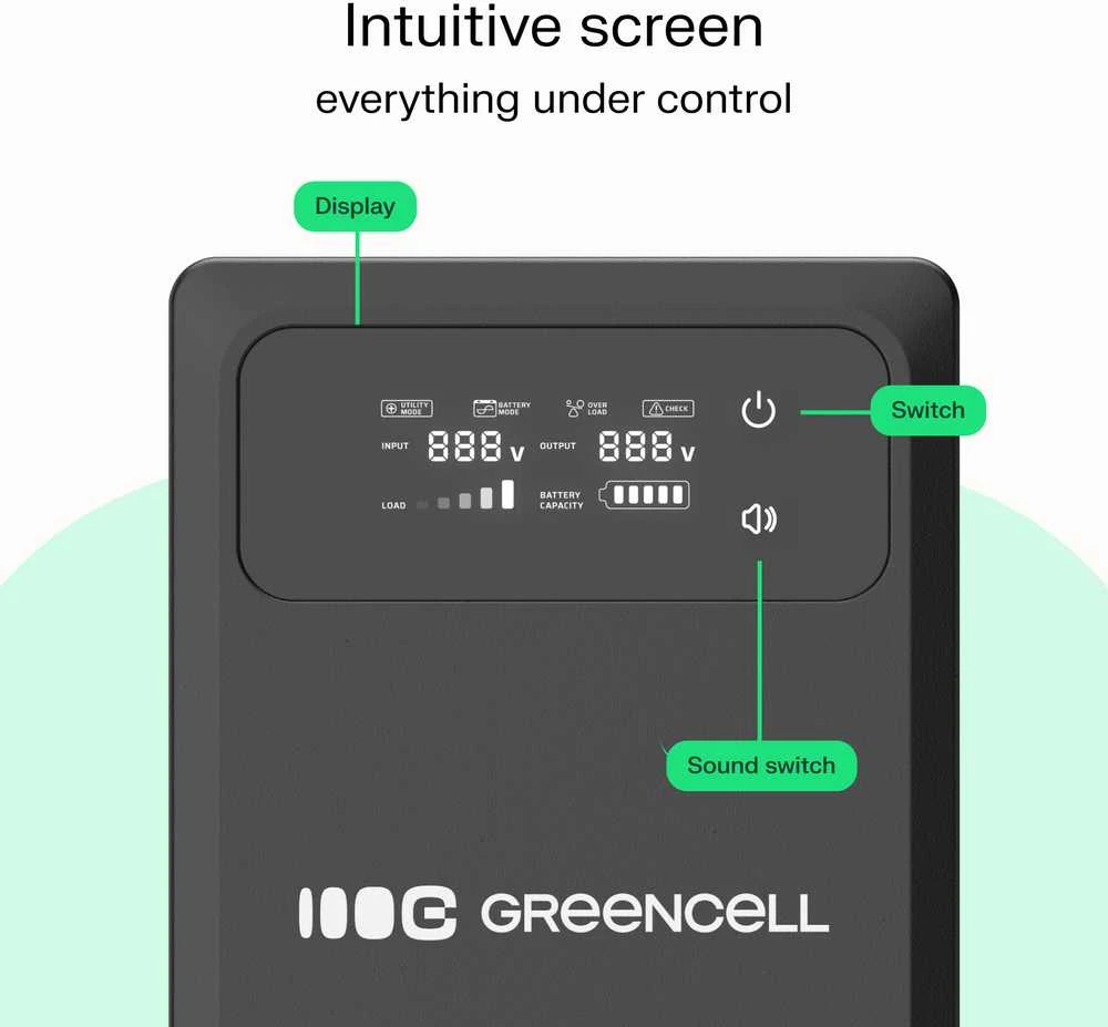 Green Cell Žalias Cell Žalias Cell nepertraukiamo maitinimo šaltinis (UPS) 800 VA 500 W su LCD ekranu, PowerCore 12 V nuolatinės srovės