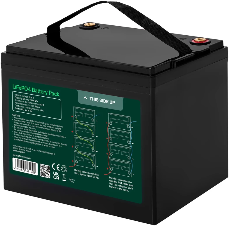 Green Cell Žalias Cell Greencell CUBE LiFePO4 akumuliatorius 87Ah 12.8 V 1113.6 Wh ličio-geležies-fosfato akumuliatorius kemperiams, valymo įrenginiams, stovyklavimui