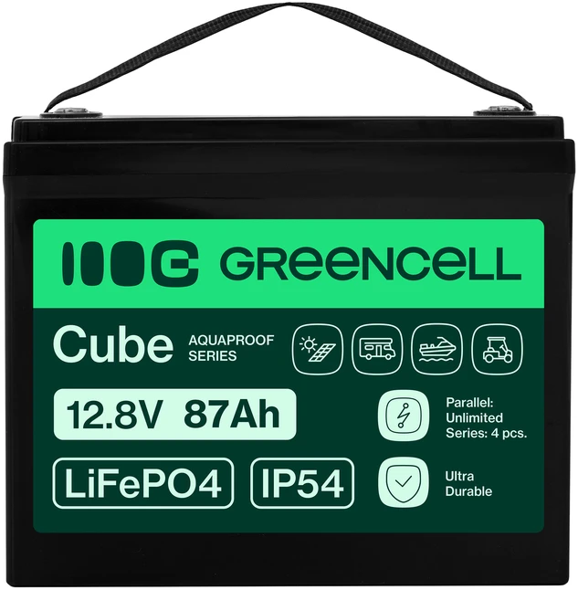 Green Cell Žalias Cell Greencell CUBE LiFePO4 akumuliatorius 87Ah 12.8 V 1113.6 Wh ličio-geležies-fosfato akumuliatorius kemperiams, valymo įrenginiams, stovyklavimui