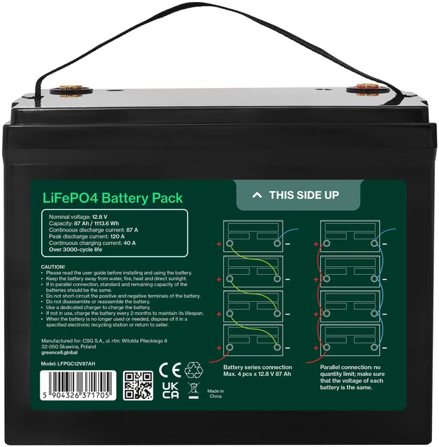 Green Cell Žalias Cell Greencell CUBE LiFePO4 akumuliatorius 87Ah 12.8 V 1113.6 Wh ličio-geležies-fosfato akumuliatorius kemperiams, valymo įrenginiams, stovyklavimui