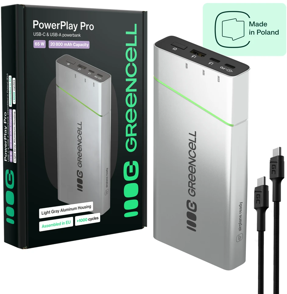 Green Cell Žalias Cell Žalias Cell PBPLGC20P power bank Lithium-Ion (Li-Ion) 20800 mAh Aliuminio, Juodas, Žalias, Light pilkas, Sidabrinis