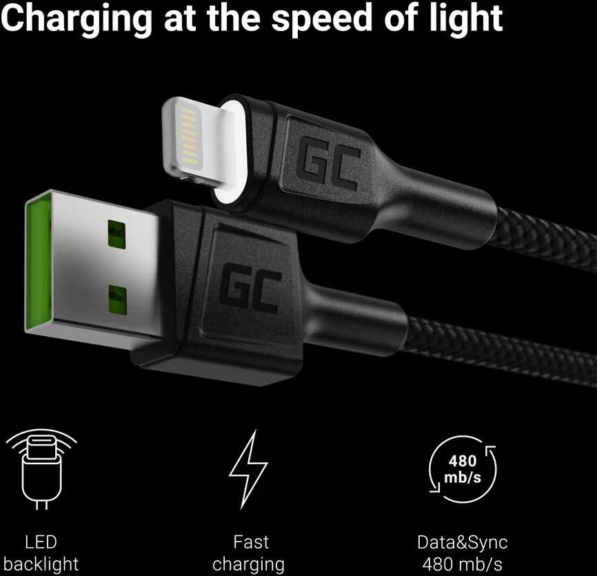 Green Cell Žalias Cell GREENCELL KABGC05 Kabelis Žalias Cell Ray USB-A - Lightning Baltas LED 120cm su Apple palaikymu