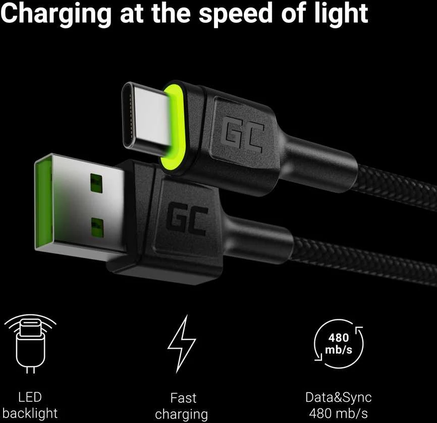 Green Cell Žalias Cell Cable Žalias Cell Ray USB-A - USB-C Žalias LED 200cm su Ultra Charge QC3.0 greito įkrovimo palaikymu