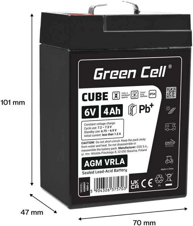Green Cell 6V 4Ah AGM akumuliatorius su techniniais duomenimis