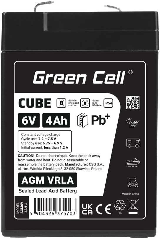 Green Cell Žalias Cell Žalias Cell Cube AGM VRLA IP54 6V 4Ah Nereikalaujantis priežiūros kasos aparato signalizacijos sistemos žaislų akumuliatorius