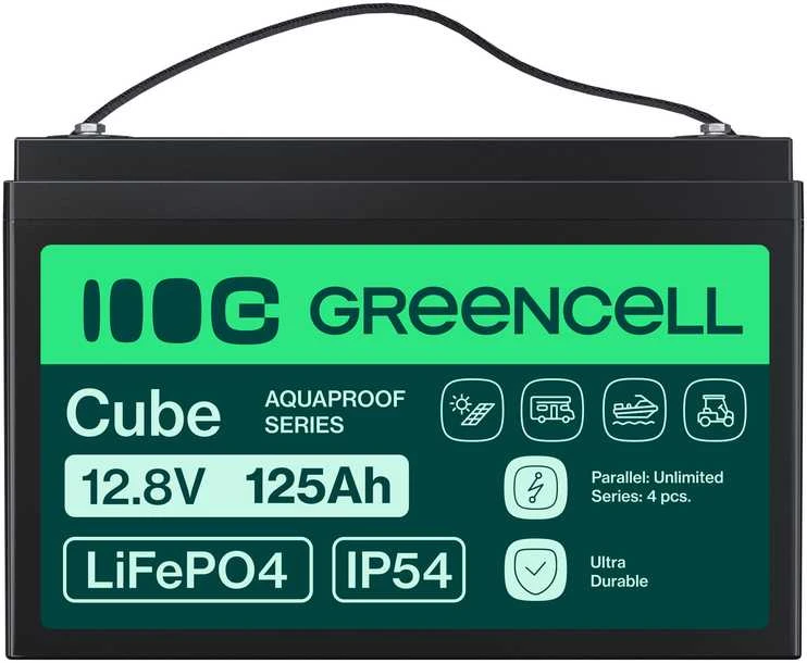 Green Cell Žalias Cell CUBE LiFePO4 125Ah 12,8V 1600Wh ličio geležies fosfato baterija kemperiui, saulės energijai, neprijungtai prie tinklo, laivui