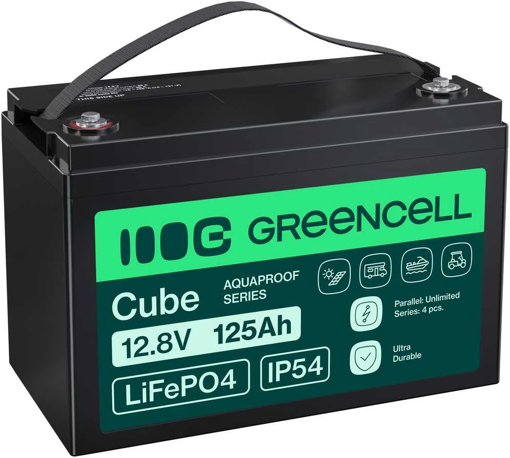 Green Cell Žalias Cell CUBE LiFePO4 125Ah 12,8V 1600Wh ličio geležies fosfato baterija kemperiui, saulės energijai, neprijungtai prie tinklo, laivui