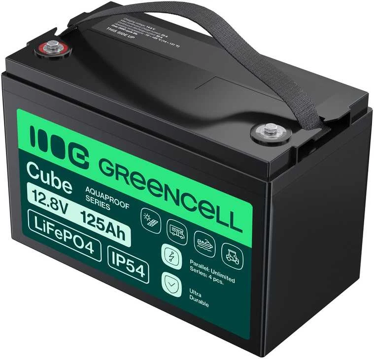 Green Cell Žalias Cell CUBE LiFePO4 125Ah 12,8V 1600Wh ličio geležies fosfato baterija kemperiui, saulės energijai, neprijungtai prie tinklo, laivui