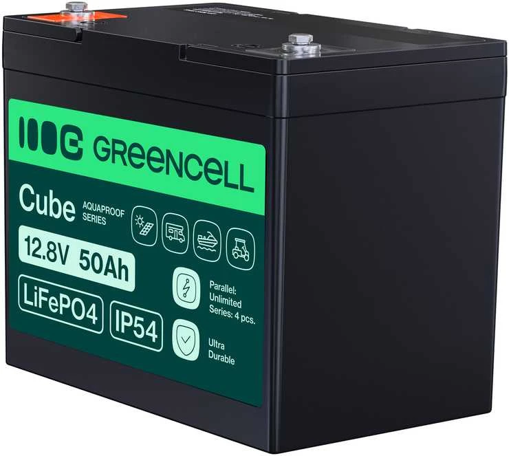 Žalias Cell Žalias Cell CUBE LiFePO4 50Ah 12.8V 640Wh ličio geležies fosfato baterija kemperiui, golfo vežimėliui, vėjo jėgainei