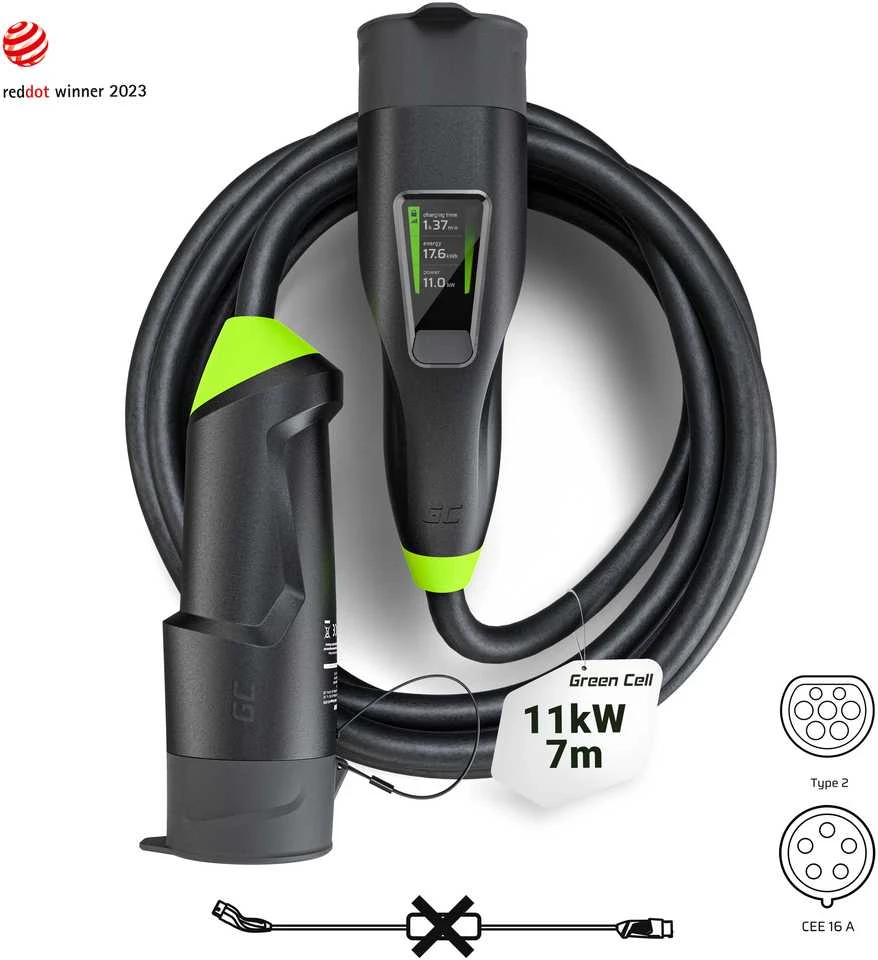 Žalias Cell type 2 - type 2, 11kW, 7m ilgio krovimo laidas su valdikliu