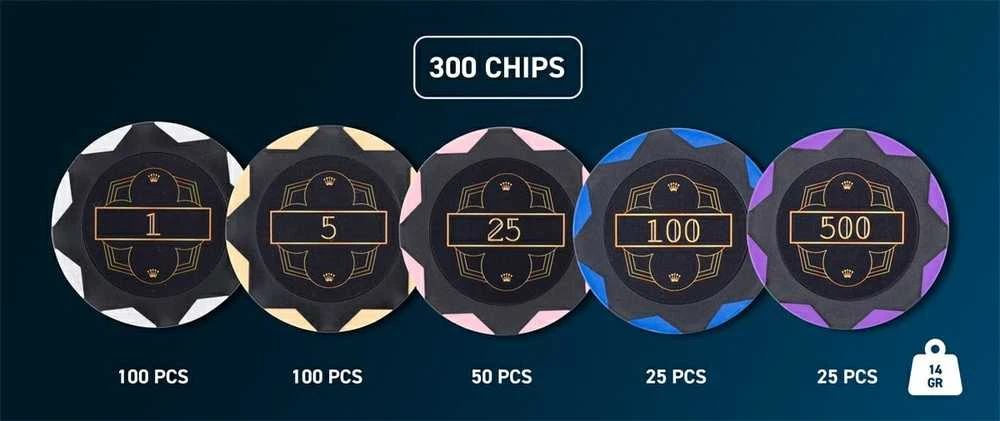 Engelhart Pokerio rinkinys juodame aliuminio dėkle, 300 žetonų, 14g su vertėmis