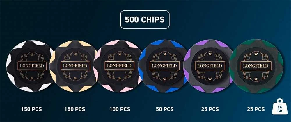 Engelhart Pokerio rinkinys juodame dėkle 500 žetonų, 14g