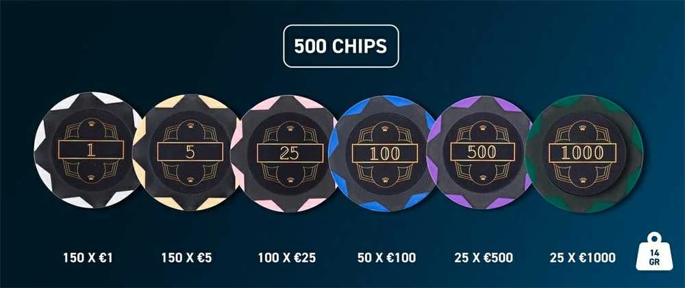 Engelhart Pokerio rinkinys juodame dėkle 500 žetonų, 14g su vertėmis