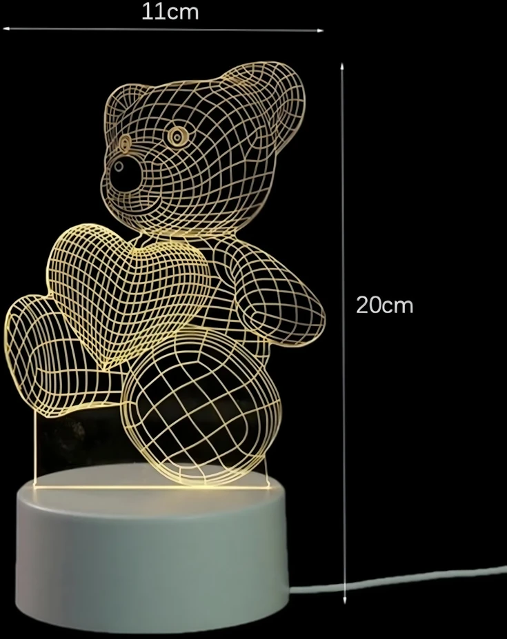 Bez Marki 3d Led Naktinė Lempa Meškutis su Širdimi - Šilta Šviesa