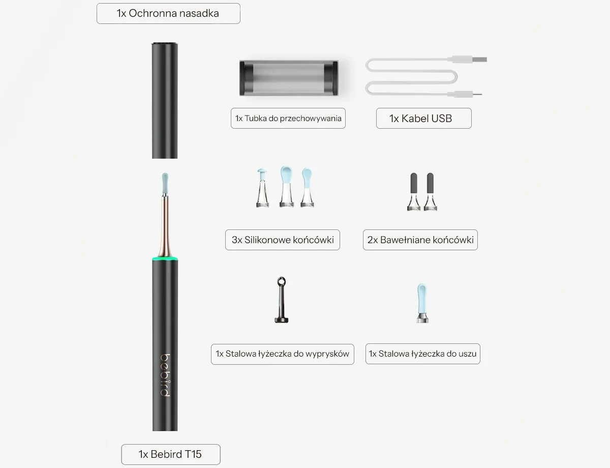 Bebird T15 Juodas Ear Cleaning Otoscope with Camera, 1080p aprašymas - Prekės nuotrauka