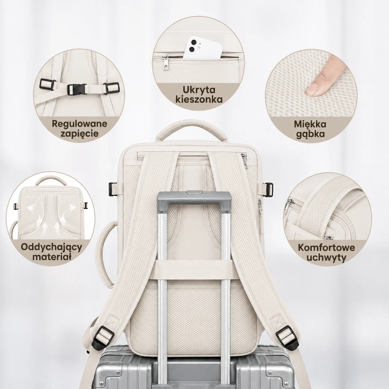 Extralink Juodas Forest KM03 rusvai gelsvas, cabin hand luggage travel backpack, 40x20x30 cm + 2x toiletry bags aprašymas - Prekės nuotrauka
