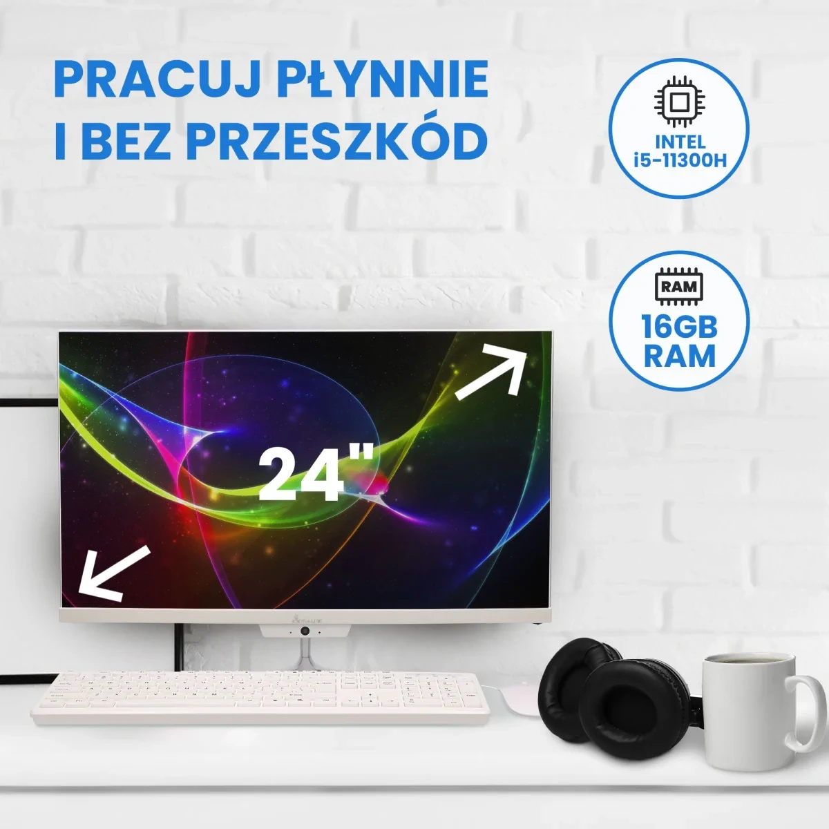 Stacionarus kompiuteris Extralink 24 colių „viskas viename“ biuro kompiuteris | Kompiuterių rinkinys | Intel i5-11300H, 16 GB DDR4, 512 GB SSD, klaviatūra, pelė, kamera aprašymas - Prekės nuotrauka