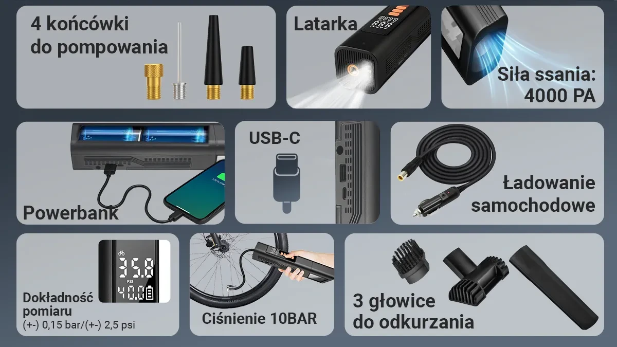Dulkių siurblys Extralink Car Vacuum Cleaner with 2-in-1 Compressor 12V USB aprašymas - Prekės nuotrauka