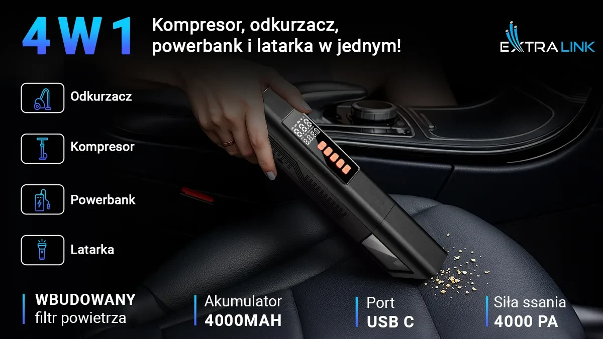 Dulkių siurblys Extralink Car Vacuum Cleaner with 2-in-1 Compressor 12V USB aprašymas - Prekės nuotrauka