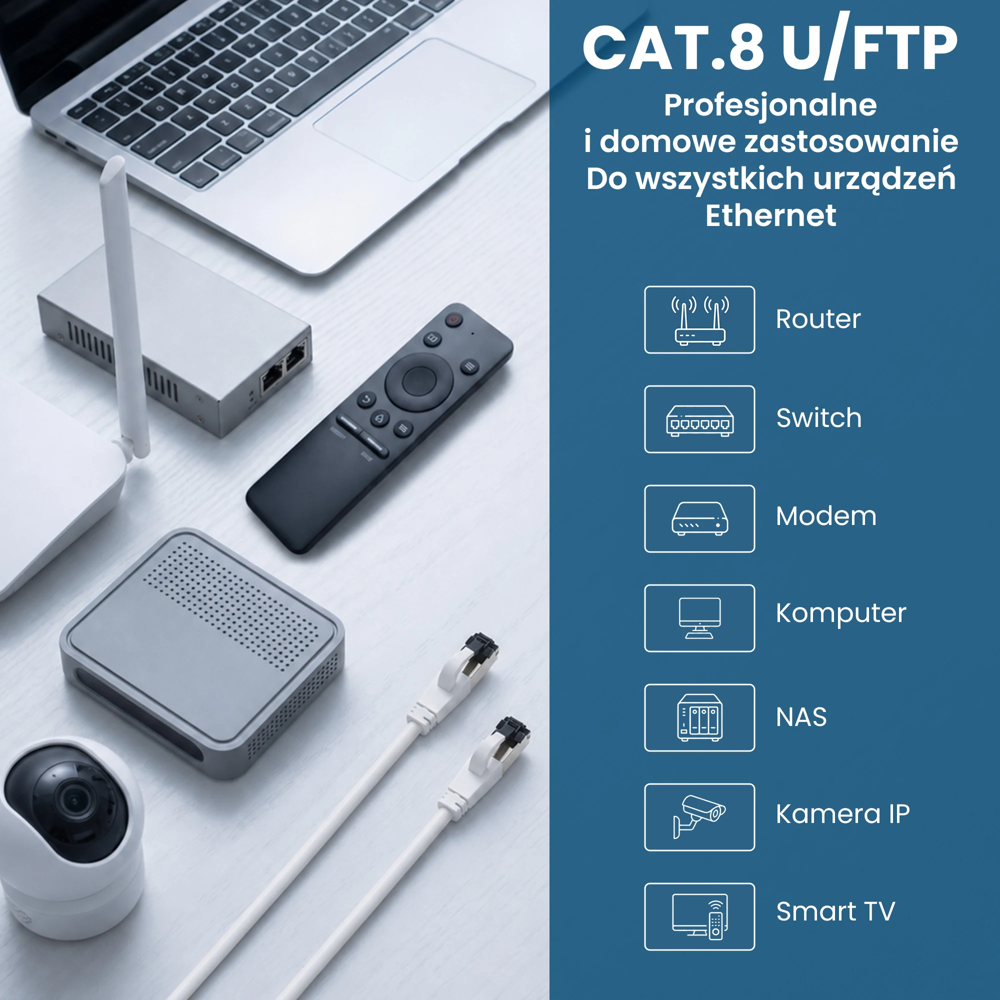 Extralink Cat.8 U/FTP 20m 40G Baltas, LAN patch cord, flat, Copper twisted pair network cable aprašymas - Prekės nuotrauka