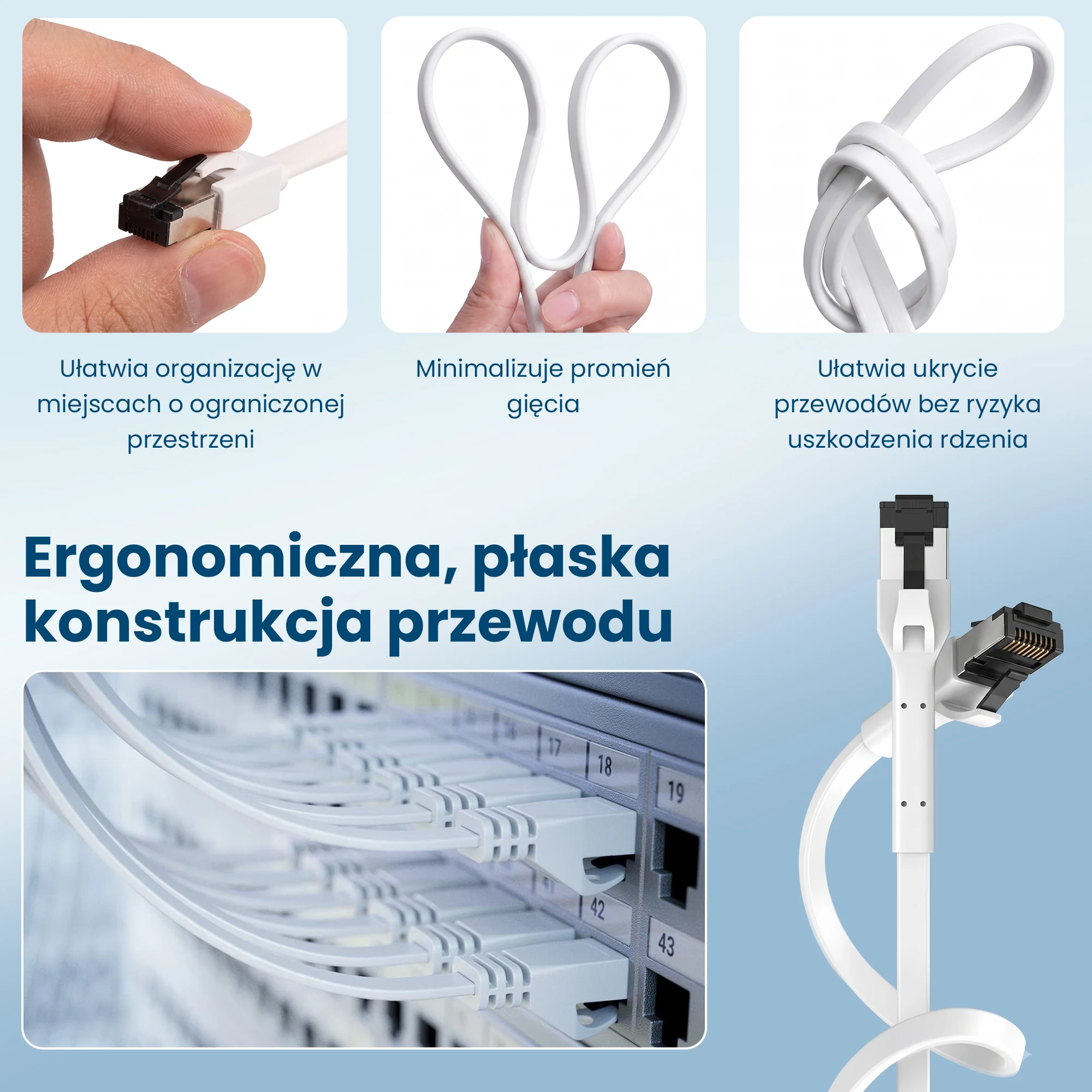 Extralink Cat.8 U/FTP 20m 40G Baltas, LAN patch cord, flat, Copper twisted pair network cable aprašymas - Prekės nuotrauka