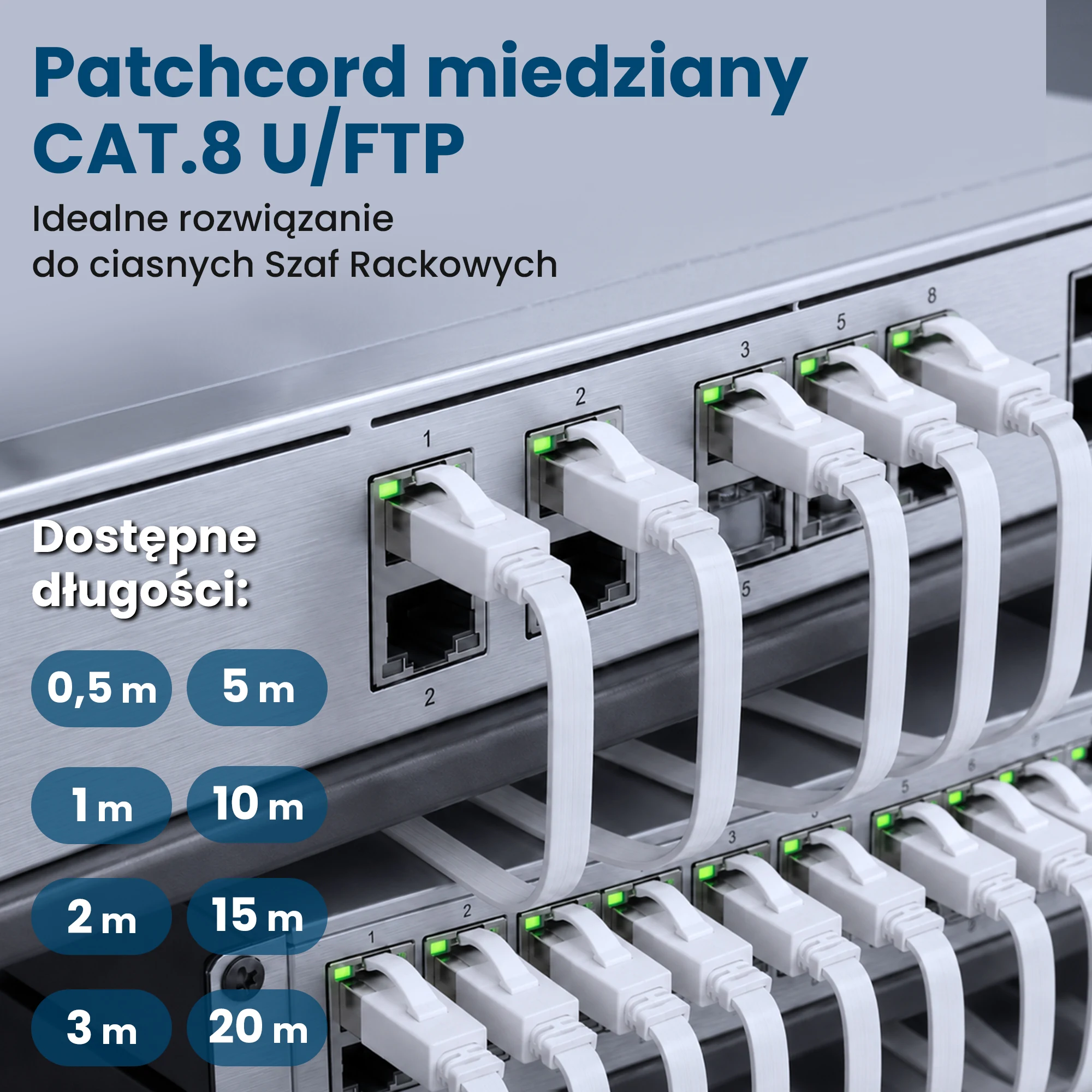 Extralink Cat.8 U/FTP 20m 40G Baltas, LAN patch cord, flat, Copper twisted pair network cable aprašymas - Prekės nuotrauka