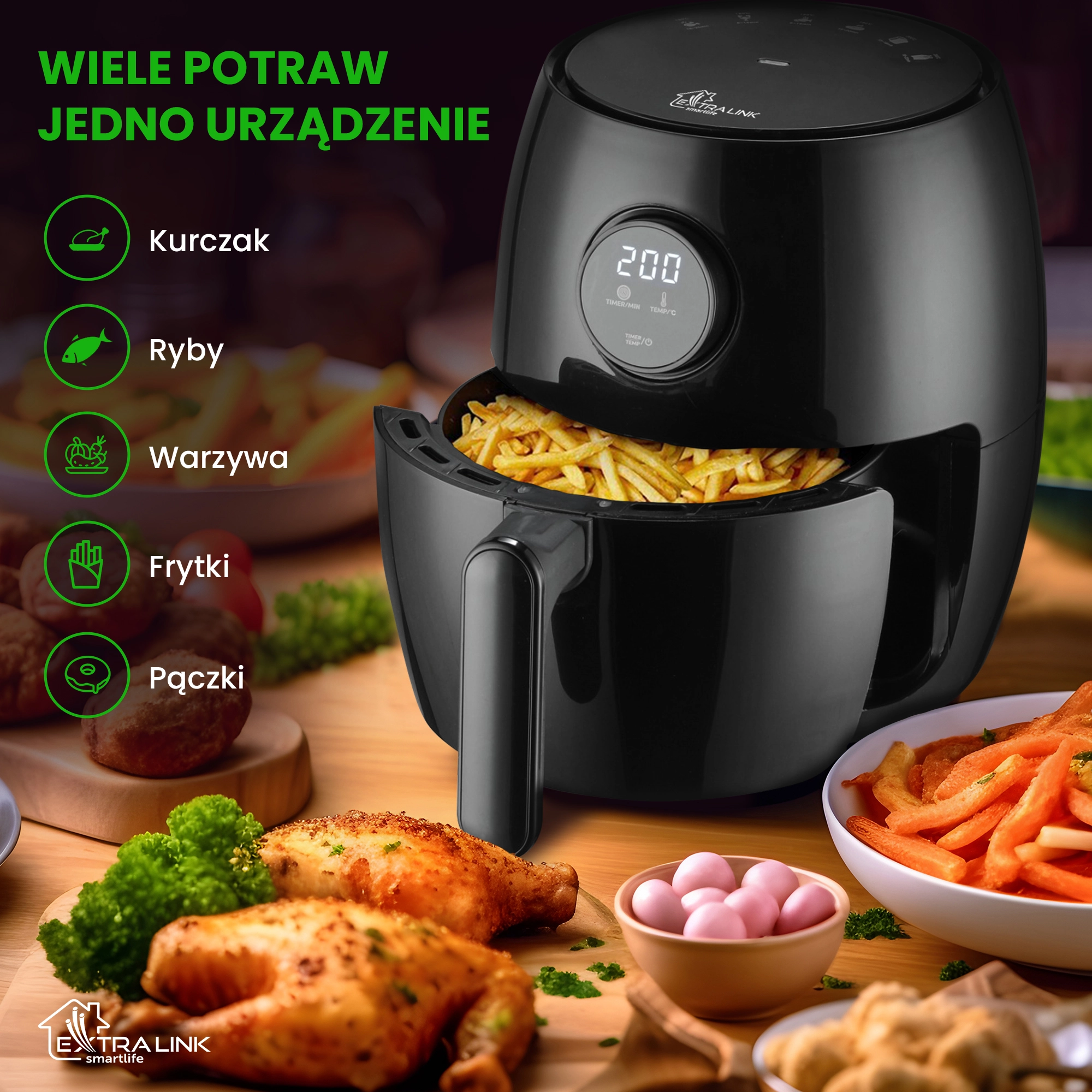 „Extralink“ namų oro gruzdintuvė SJ-200 2 l ES, oro gruzdintuvė, 1000 W aprašymas - Prekės nuotrauka
