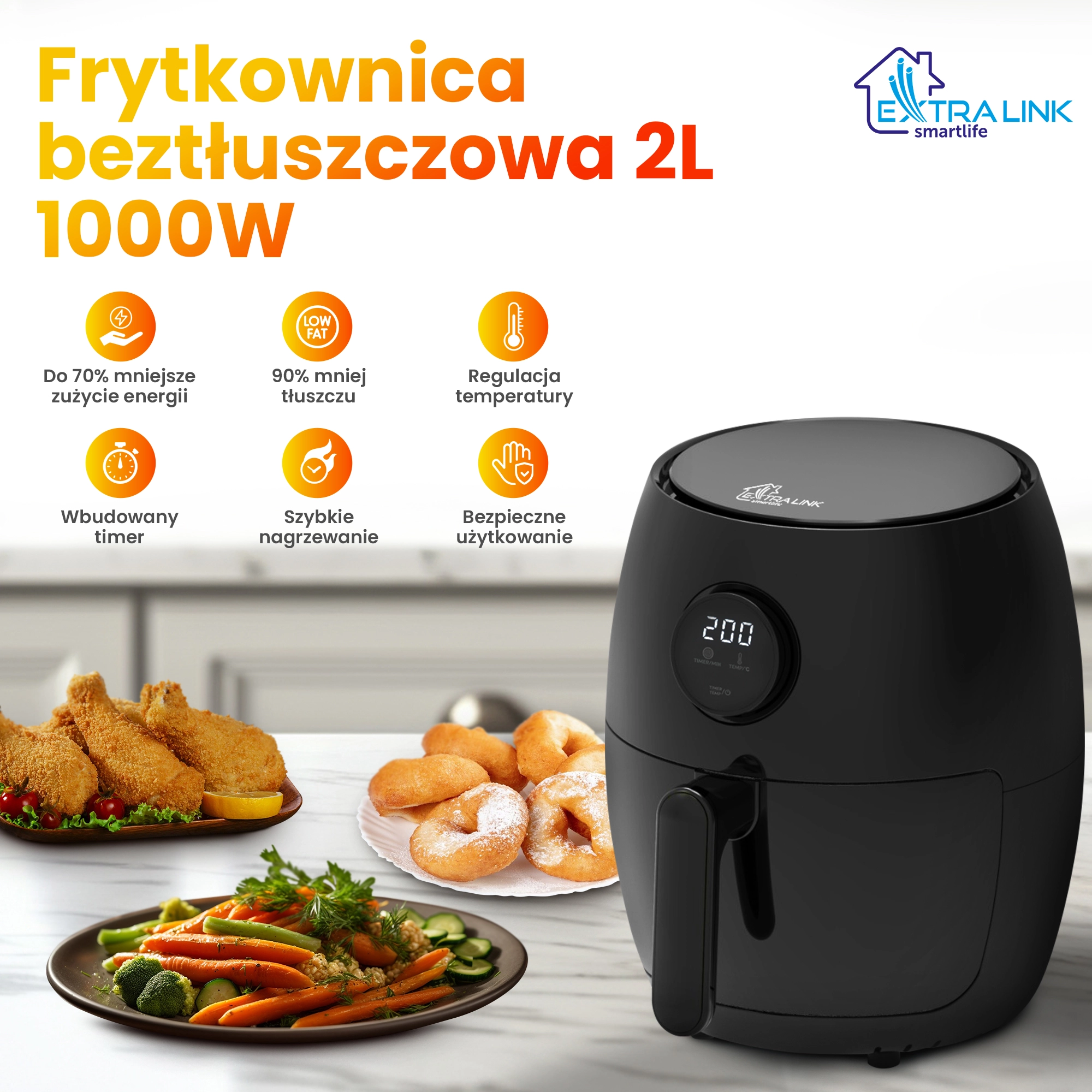 „Extralink“ namų oro gruzdintuvė SJ-200 2 l ES, oro gruzdintuvė, 1000 W aprašymas - Prekės nuotrauka